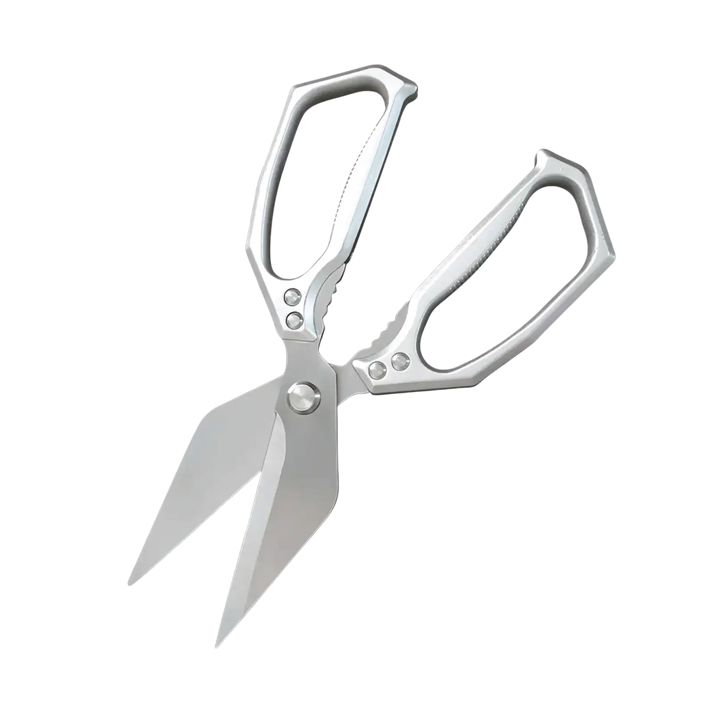 Silver-toned stainless steel multi-function kitchen scissors with sleek ergonomic design and reinforced handles