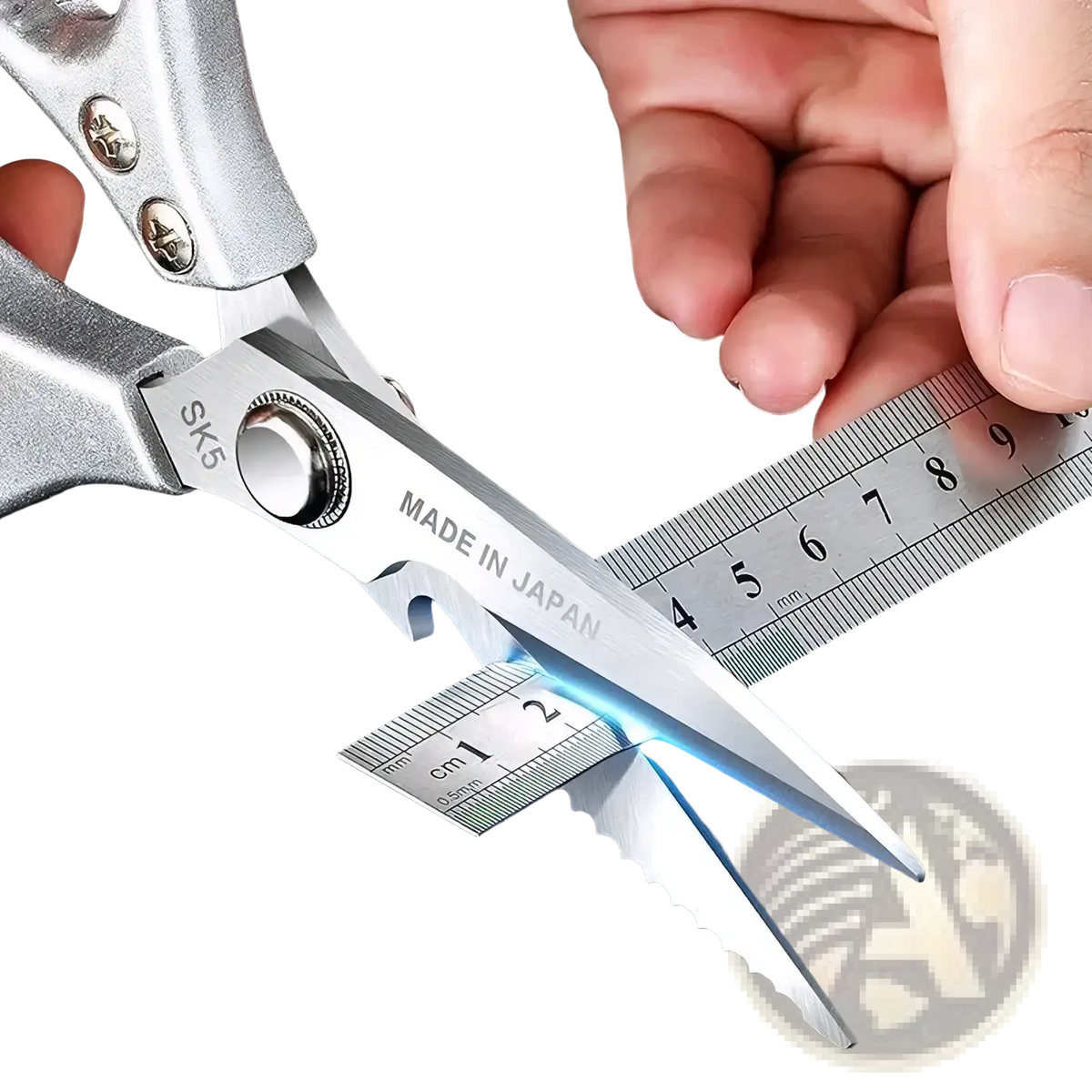 Silver stainless steel multi-function kitchen shears with serrated blade and SK5 made in Japan engraving on handle