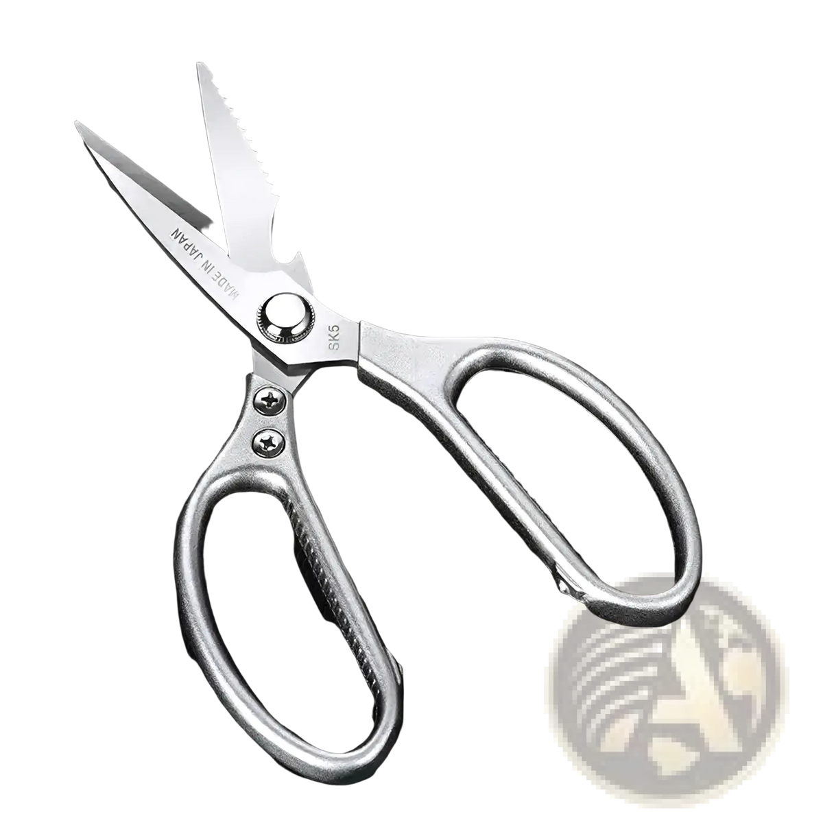 Silver stainless steel multi-function kitchen shears with serrated edge and ergonomic handles for efficient cutting
