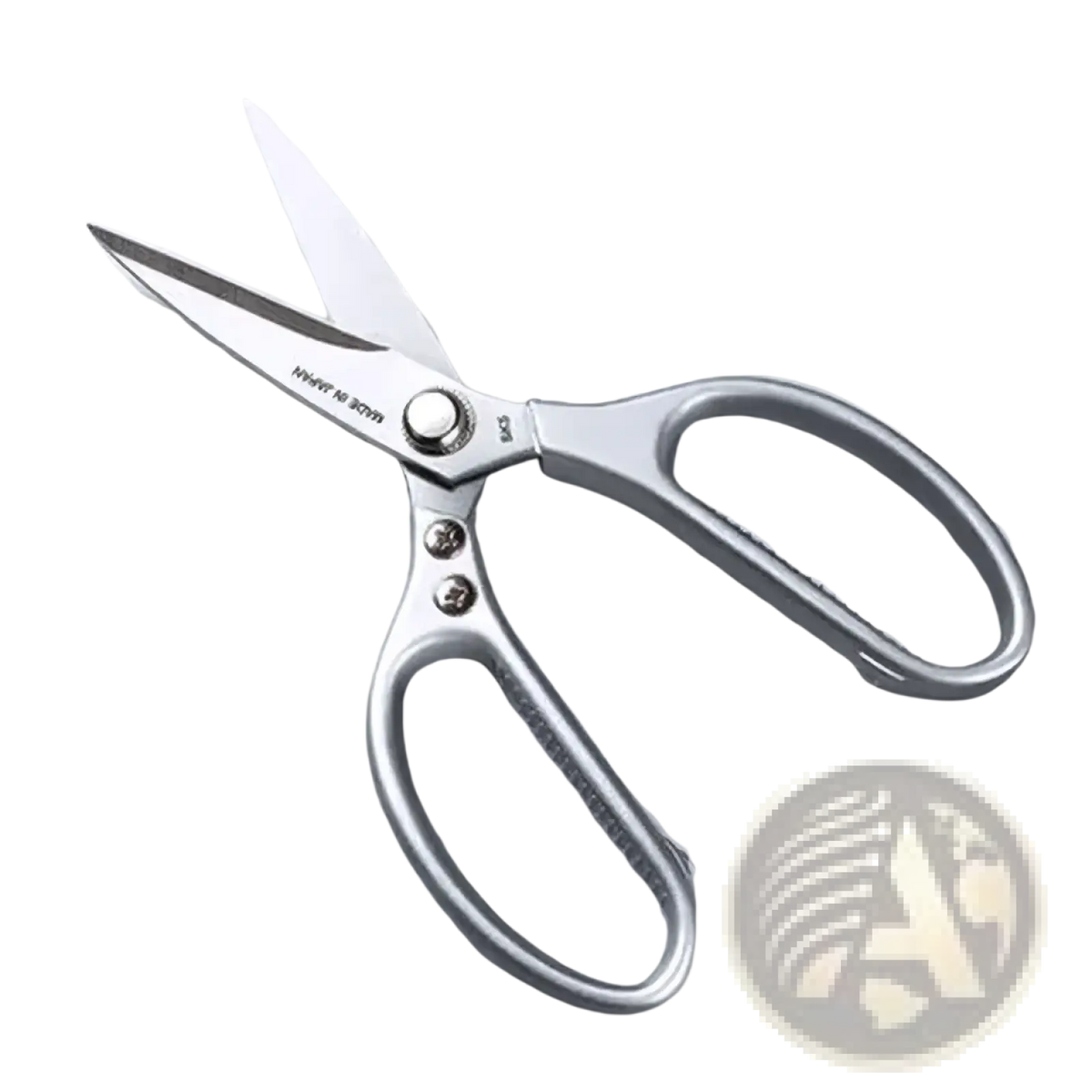 Silver stainless steel multi-function kitchen shears with polished metal blades and ergonomic handles