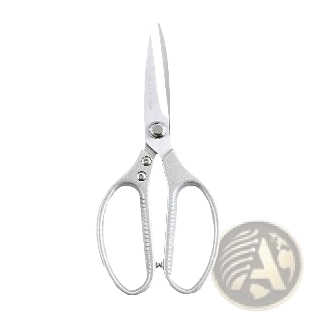 Silver-toned stainless steel multi-function kitchen shears with textured ergonomic handles and sleek metallic finish