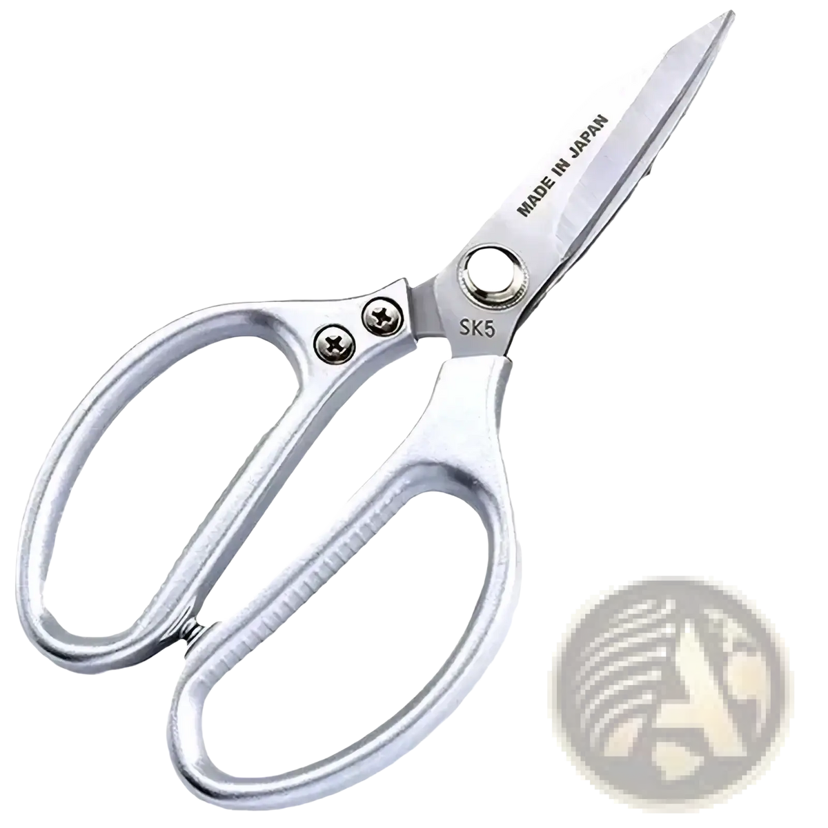 Silver-toned stainless steel multi-function kitchen shears with a polished finish and ergonomic handles