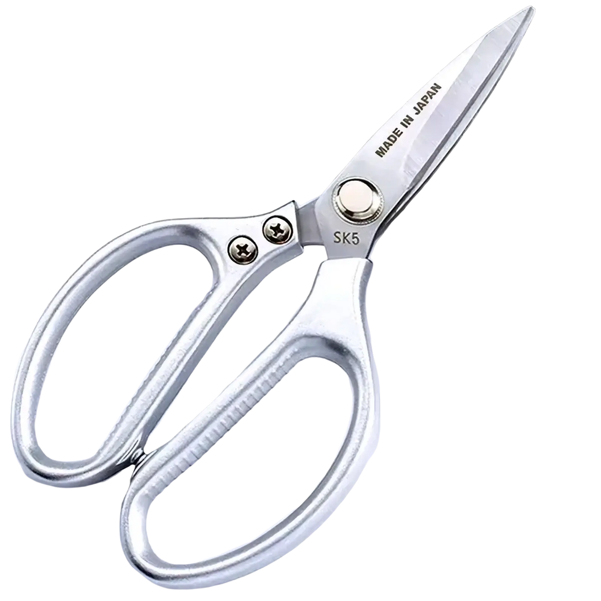 Silver stainless steel multi-function kitchen shears with sleek polished finish and ergonomic handles for efficient use