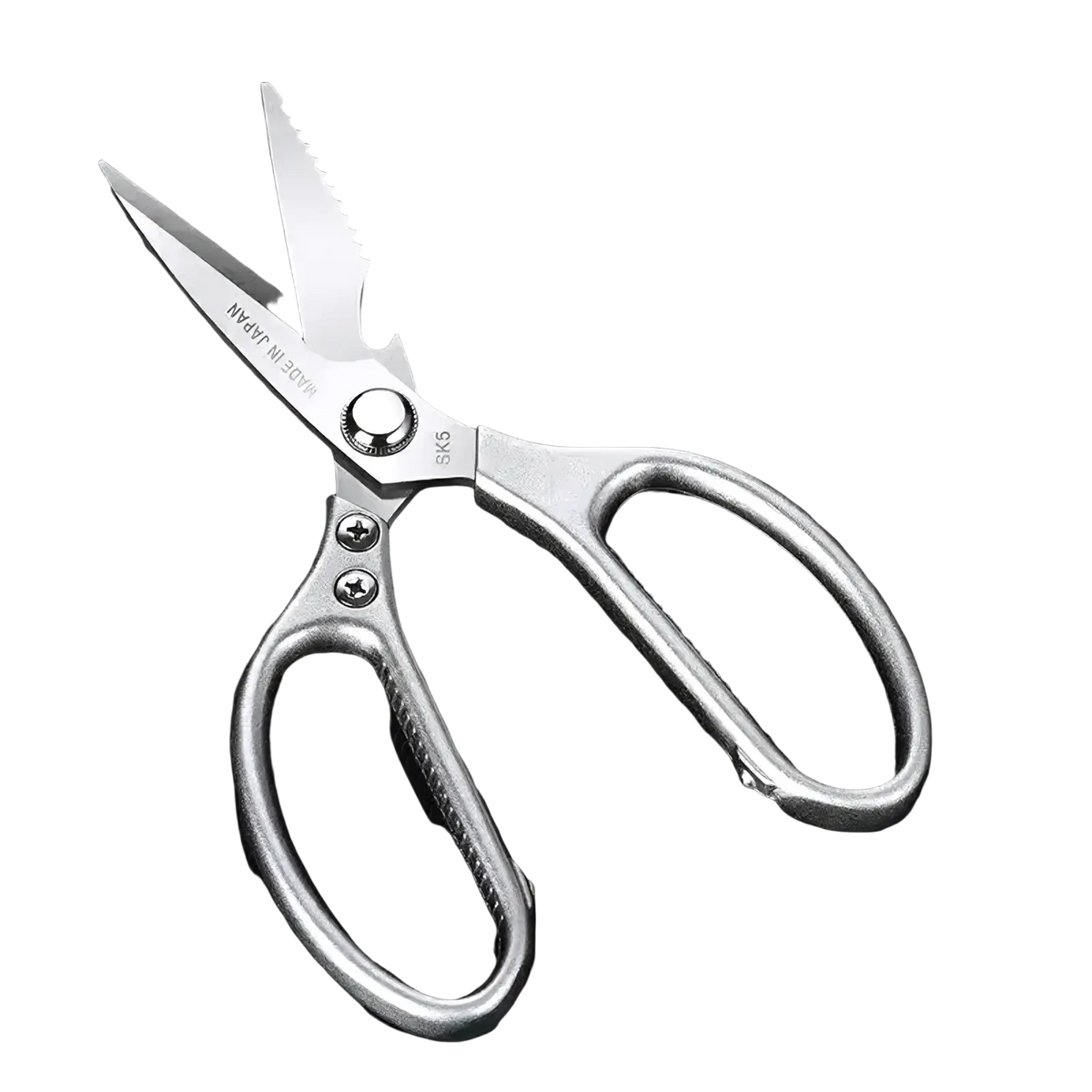 Silver stainless steel multi-function kitchen shears with serrated edge and ergonomic handles for efficient cutting