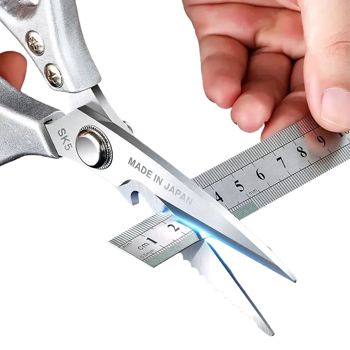 Silver stainless steel multi-function kitchen shears with serrated blade and SK5 made in Japan engraving on handle
