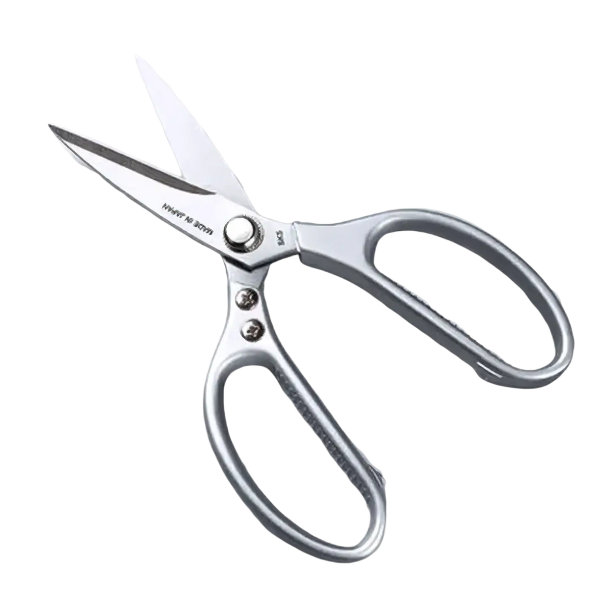 Silver stainless steel multi-function kitchen shears with polished metal blades and ergonomic handles