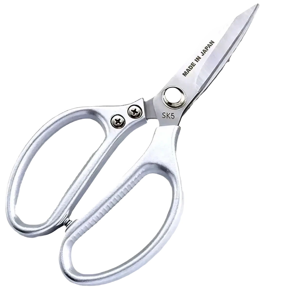 Silver-toned stainless steel multi-function kitchen shears with a polished finish and ergonomic handles