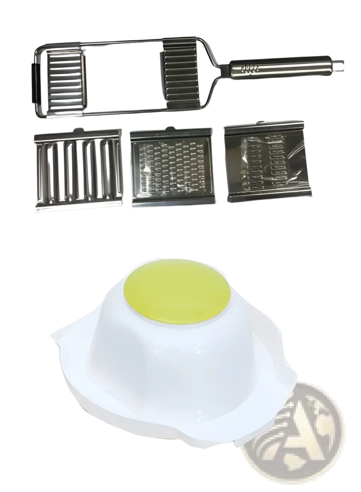 Stainless steel multi grater and slicer set with silver metal body, three interchangeable blades, and white base with yellow insert