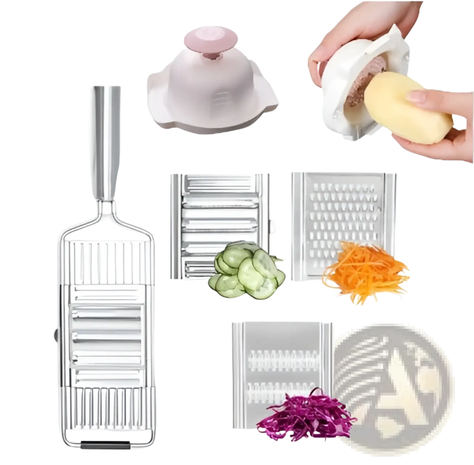 Silver stainless steel multi grater and slicer set with interchangeable blades for slicing dicing and grating vegetables
