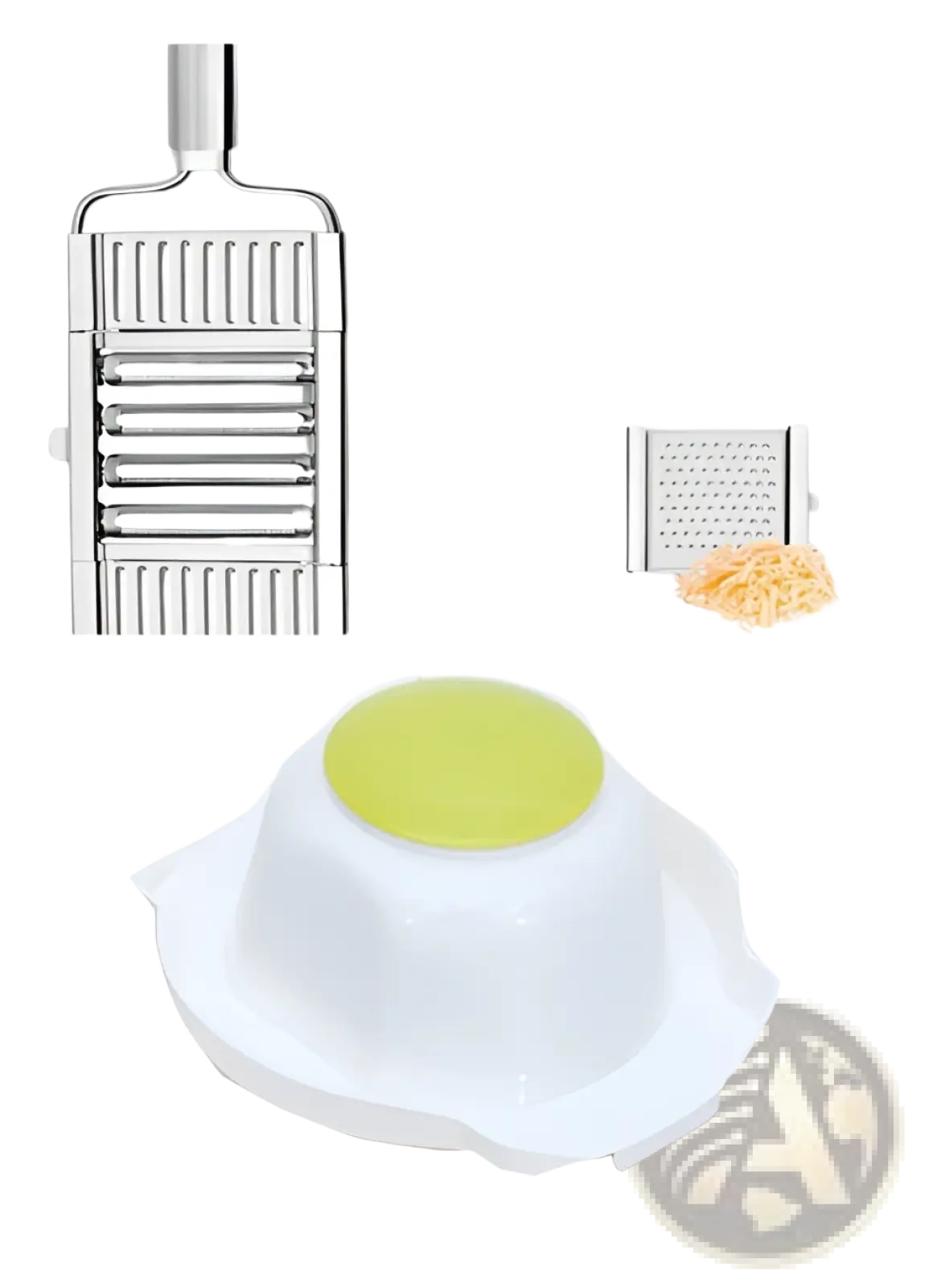 White plastic food processor bowl with lime green lid part of stainless steel multi grater and slicer set