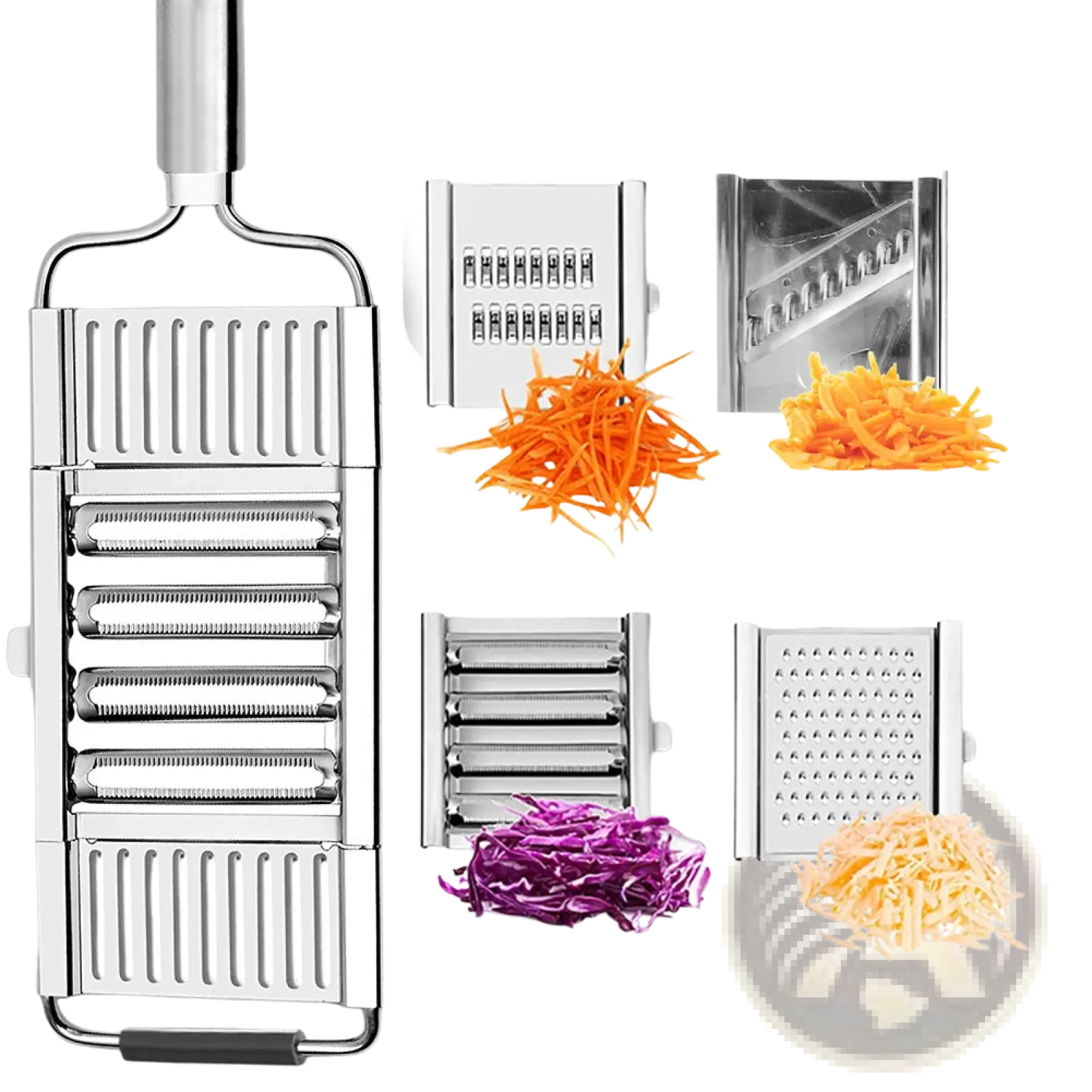 Stainless steel multi grater and slicer set with four interchangeable blades for slicing dicing and shredding vegetables