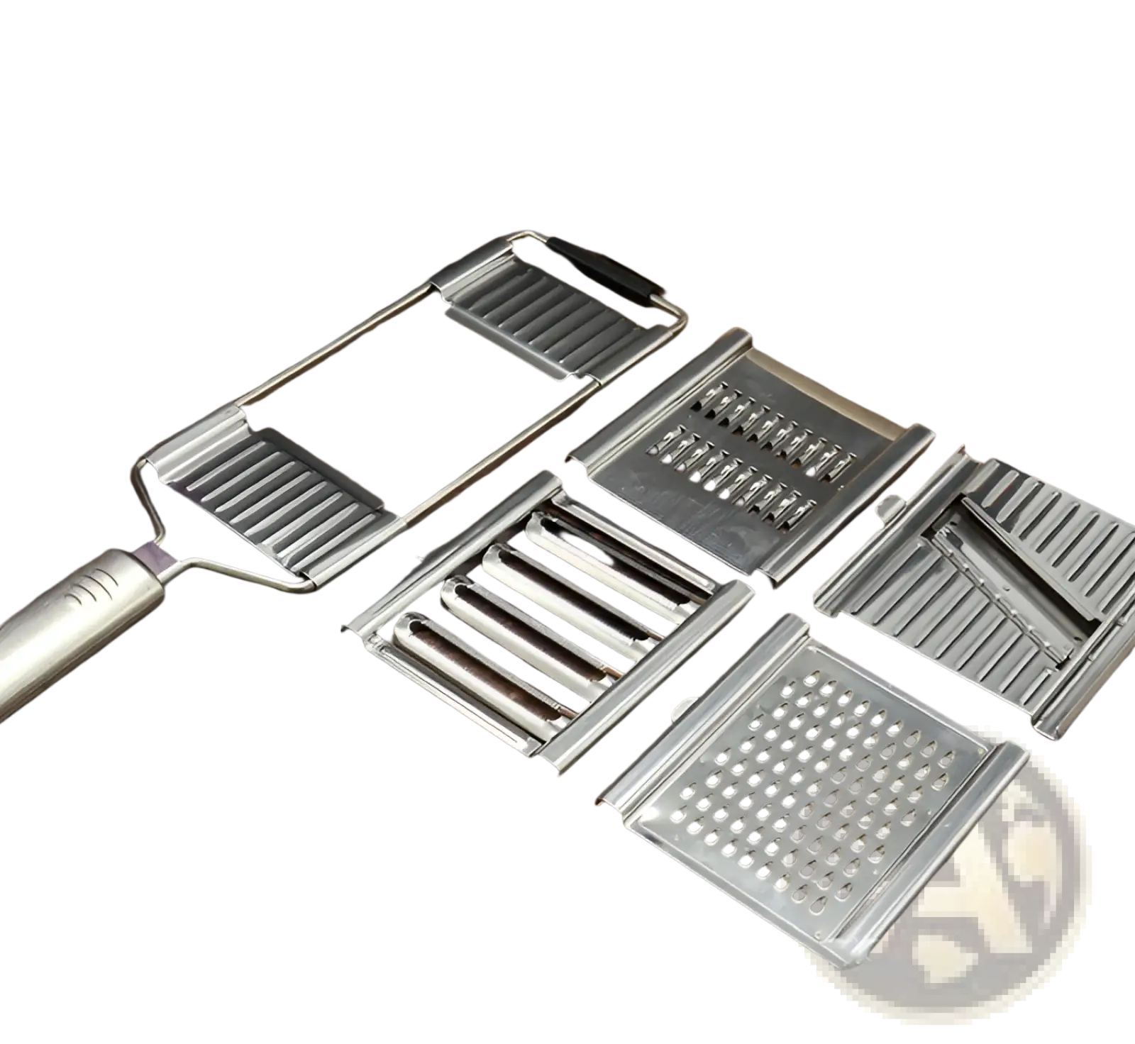 Set of stainless steel multi grater and slicer attachments with various cutting surfaces for vegetables
