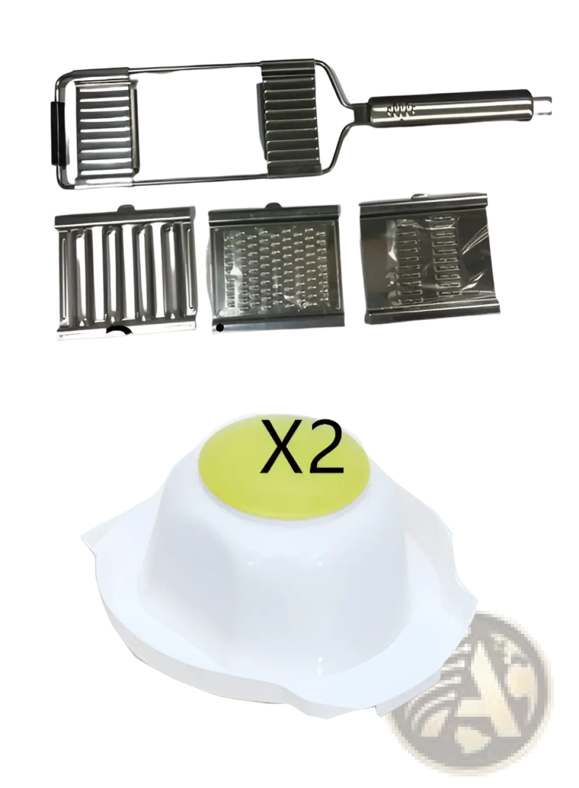 Stainless steel multi grater and slicer set with three interchangeable blades and two white collection bowls