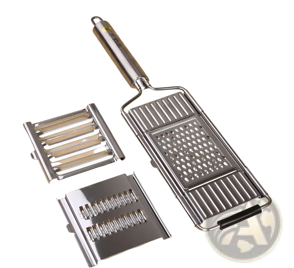 Stainless steel multi grater and slicer set with interchangeable blades for fine shredding slicing and dicing vegetables