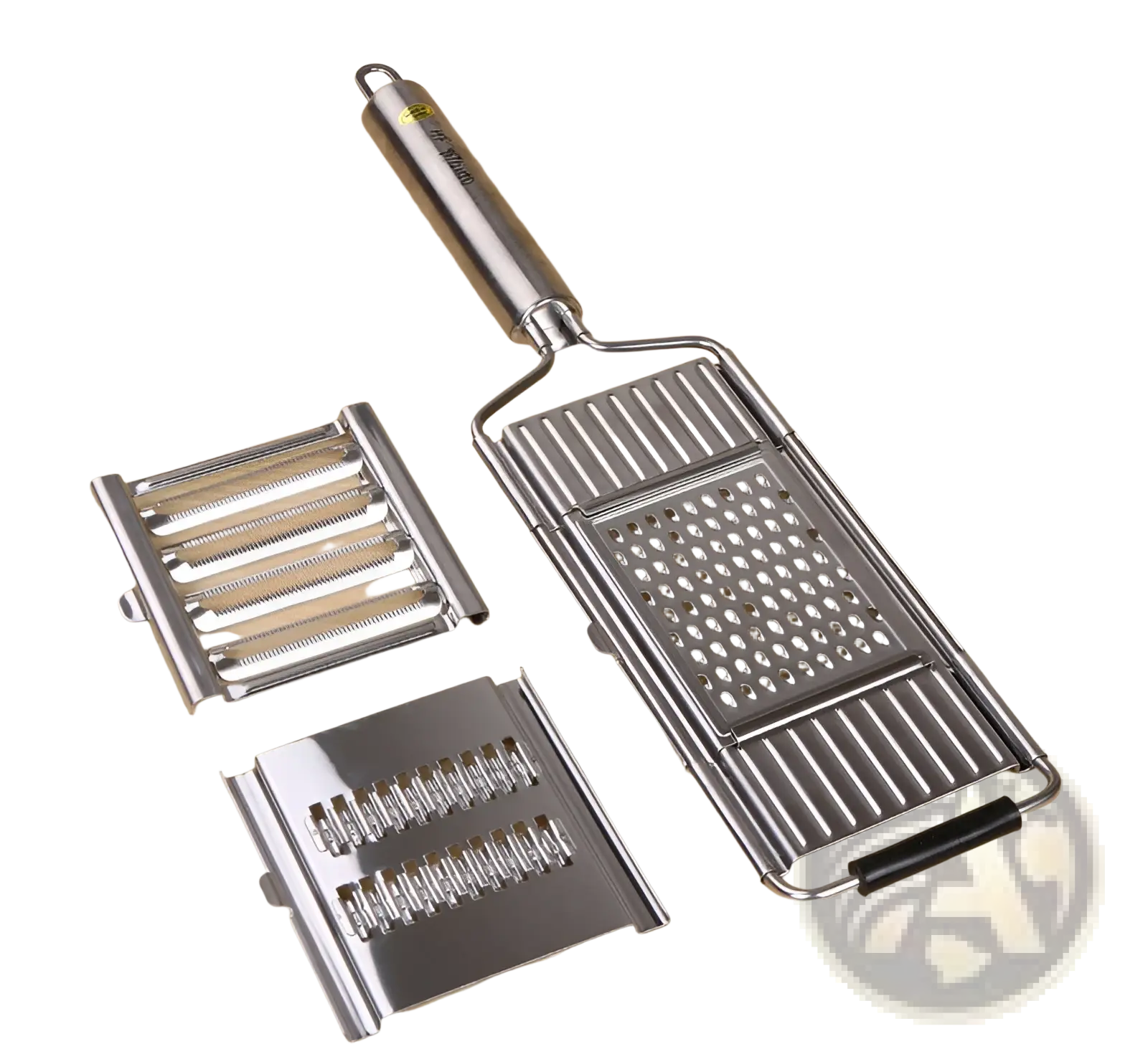Stainless steel multi grater and slicer set with interchangeable blades for fine shredding slicing and dicing vegetables