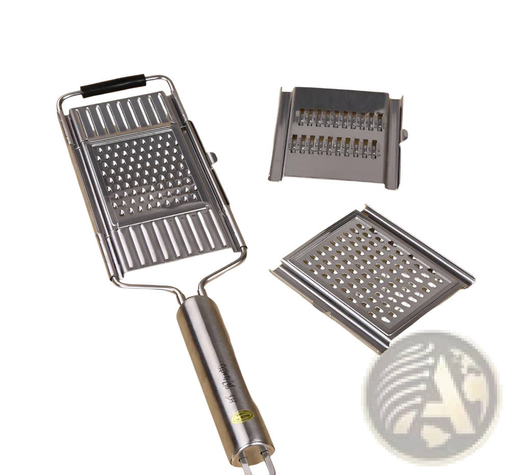 Stainless steel multi grater and slicer set with interchangeable attachments for versatile food preparation