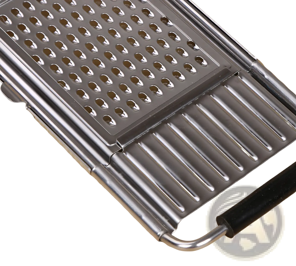 Stainless steel multi grater and slicer set with silver textured grating surfaces and black plastic handle for vegetables