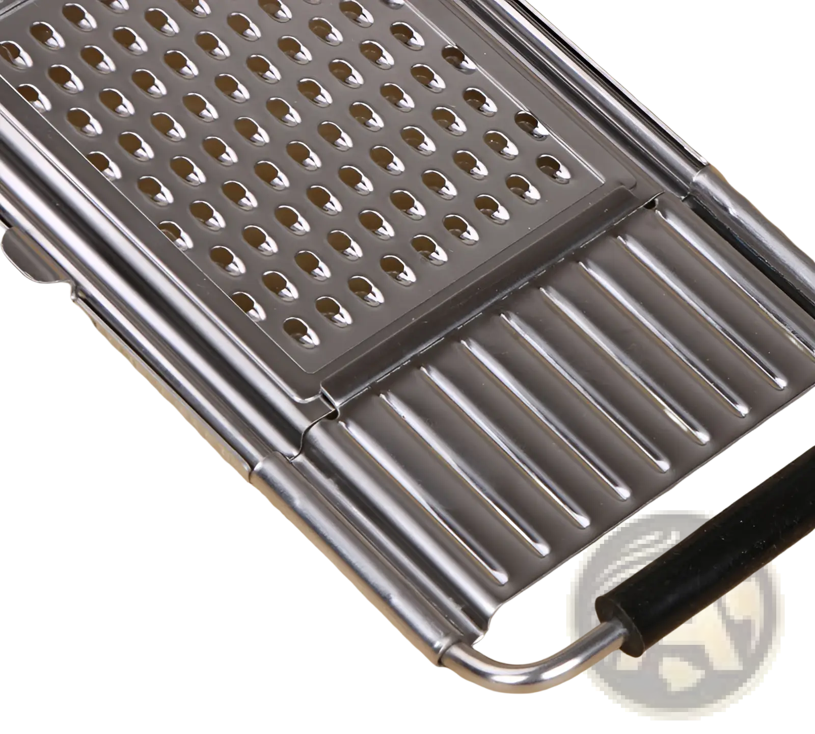 Stainless steel multi grater and slicer set with silver textured grating surfaces and black plastic handle for vegetables