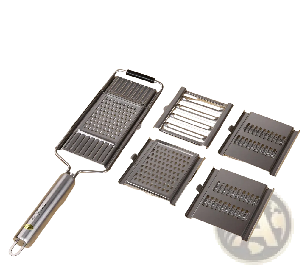 Silver stainless steel multi grater and slicer set with interchangeable metal blades for versatile kitchen use