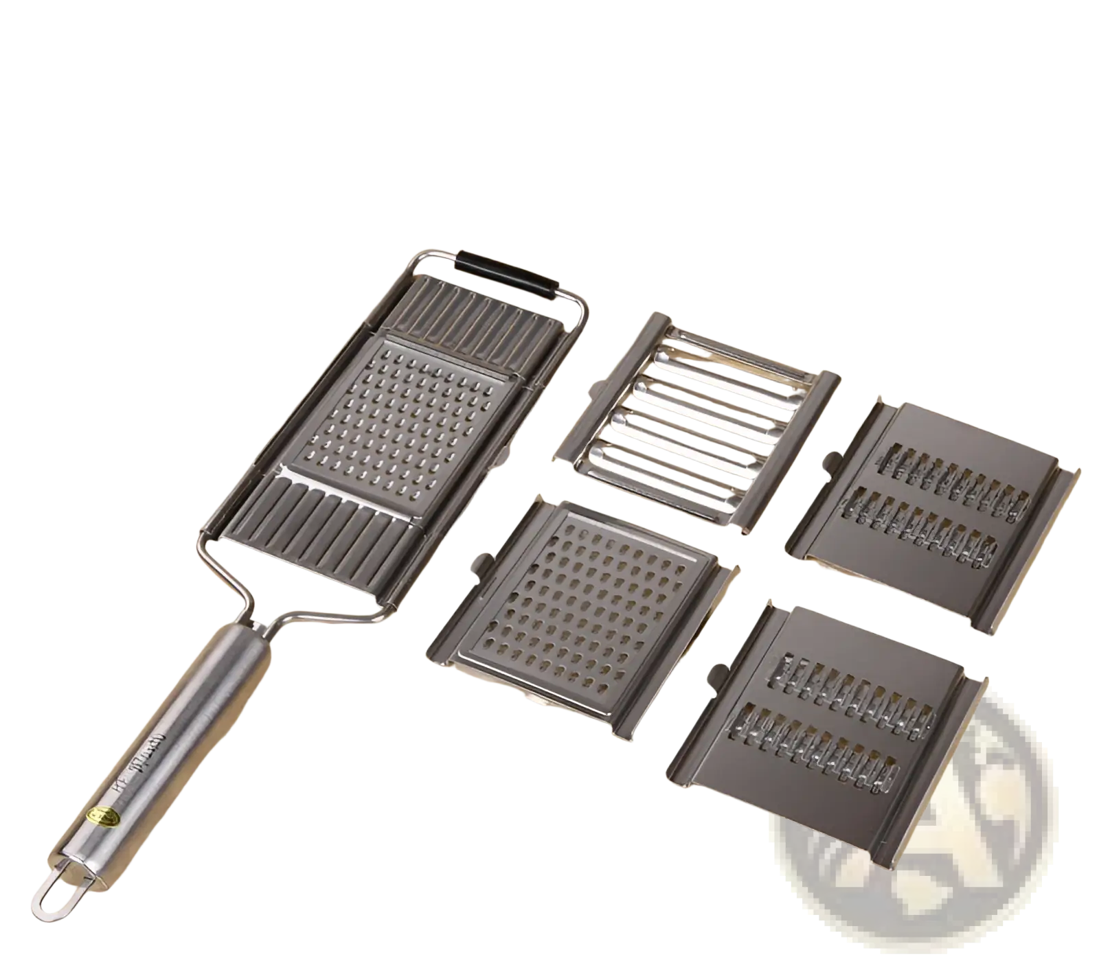 Silver stainless steel multi grater and slicer set with interchangeable metal blades for versatile kitchen use