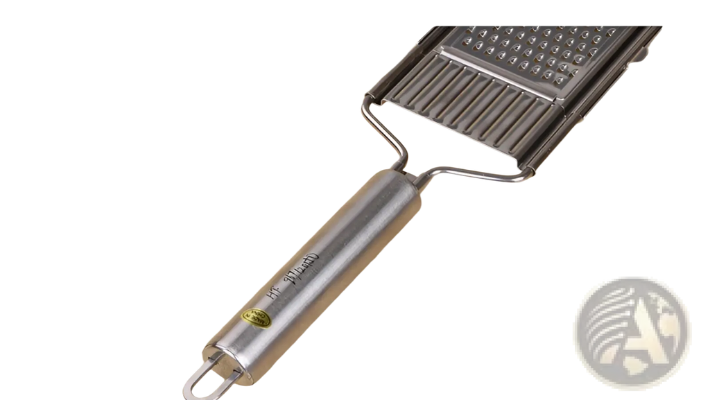 Silver stainless steel multi grater and slicer set with cylindrical handle and multiple textured grating surfaces