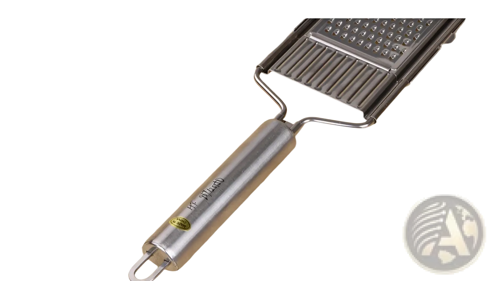 Silver stainless steel multi grater and slicer set with cylindrical handle and multiple textured grating surfaces