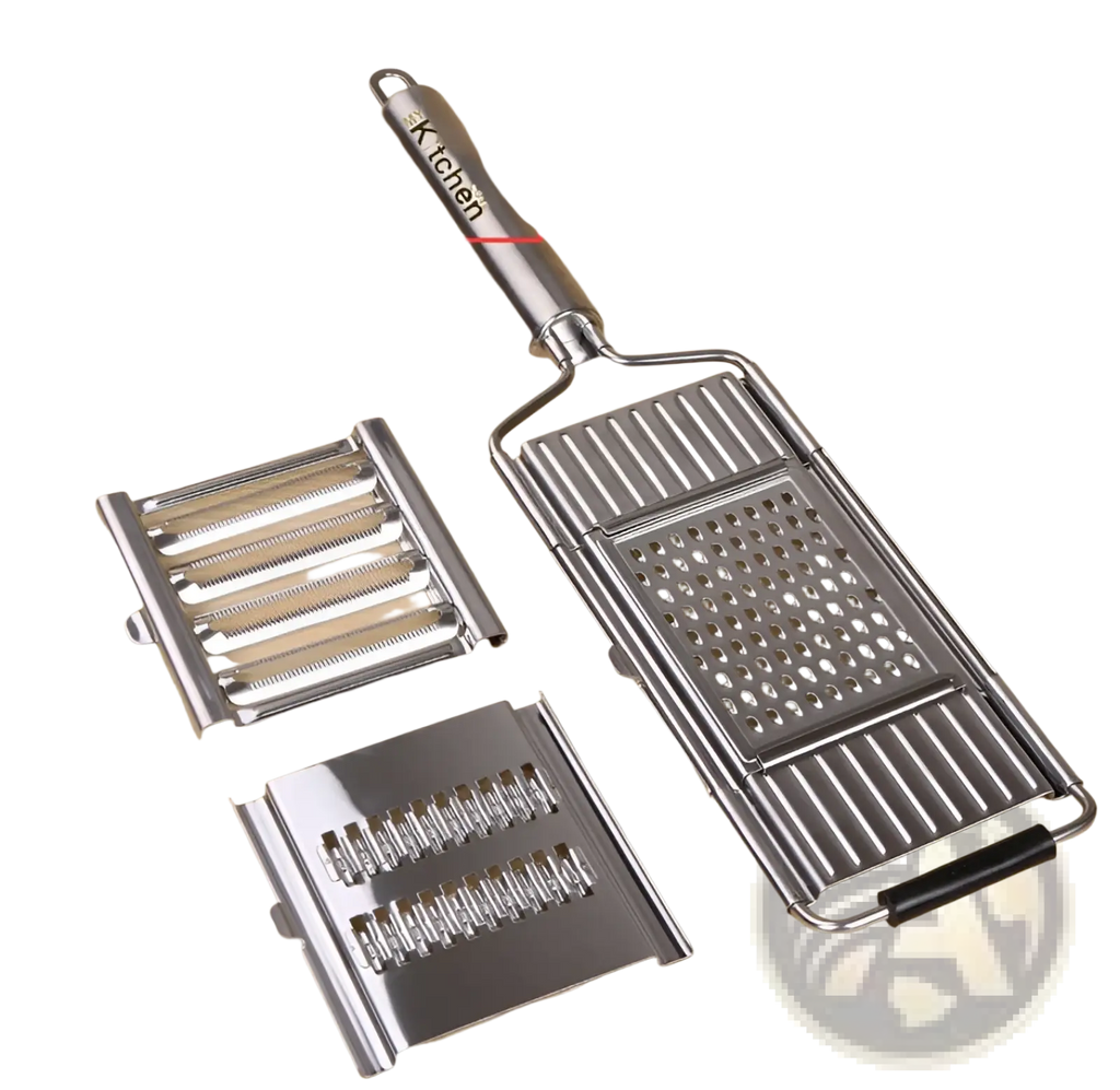 Stainless steel multi grater and slicer set with interchangeable blades and branded handle for kitchen use