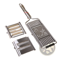 Stainless steel multi grater and slicer set with interchangeable blades and branded handle for kitchen use