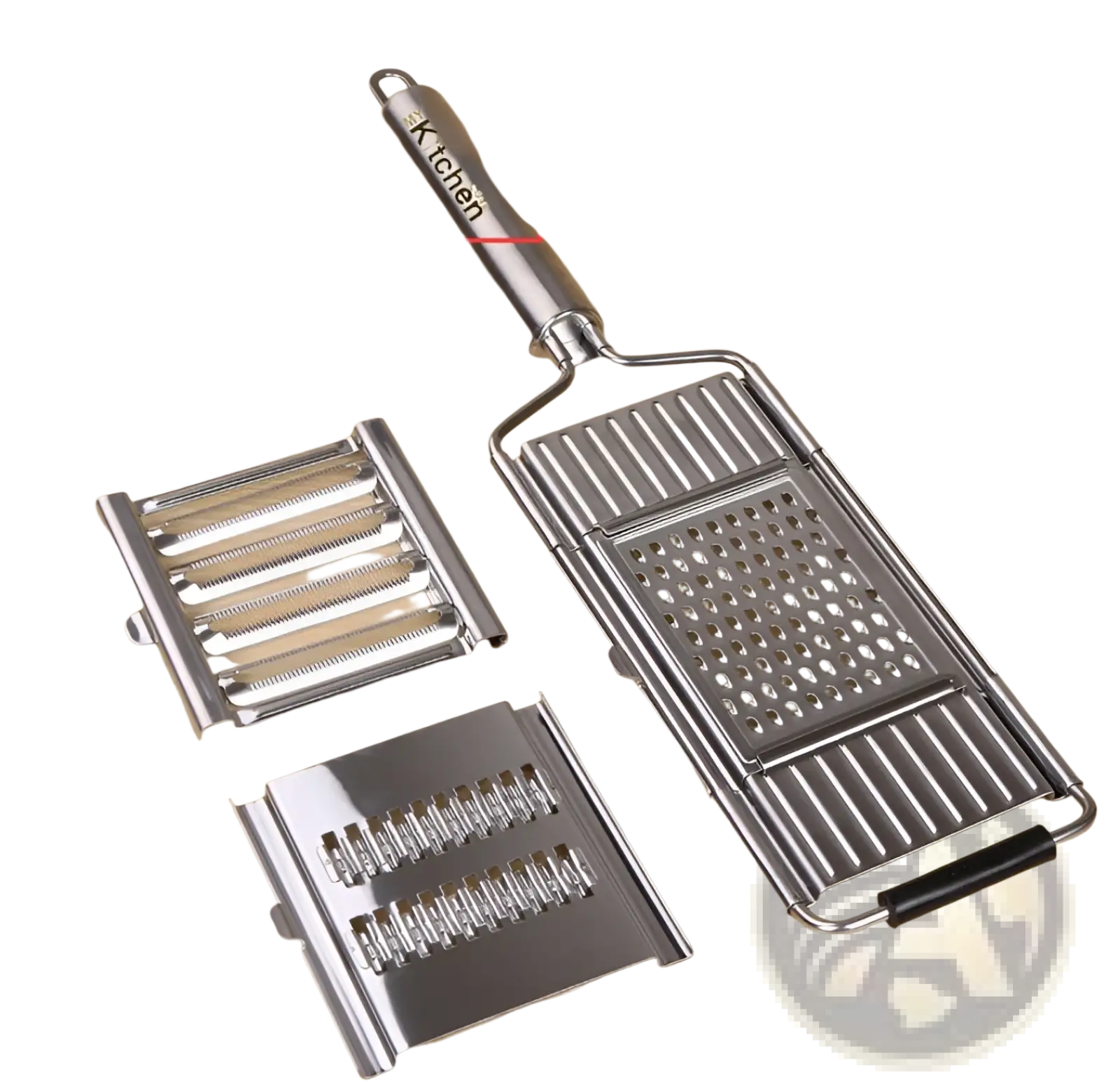 Stainless steel multi grater and slicer set with interchangeable blades and branded handle for kitchen use