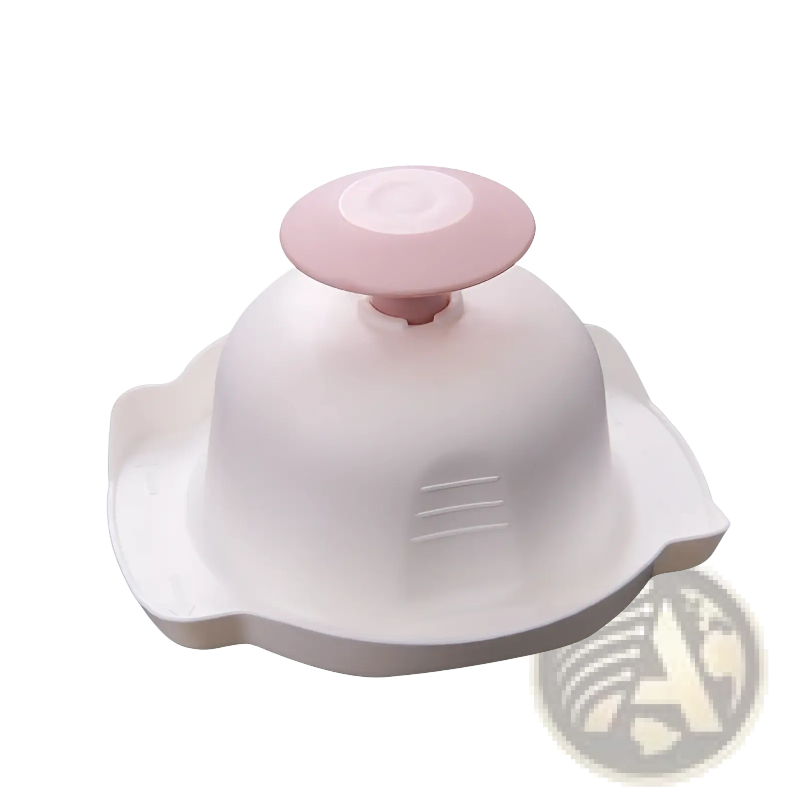 White and pink silicone food press with rounded dome top and petal base for stainless steel multi grater and slicer set