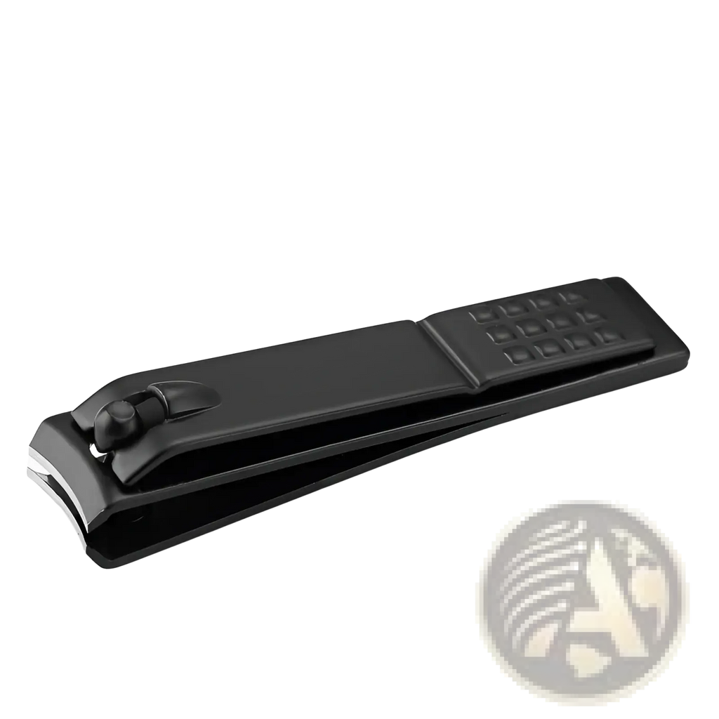 Black stainless steel nail clippers with textured grip and metallic cutting edge for precise trimming