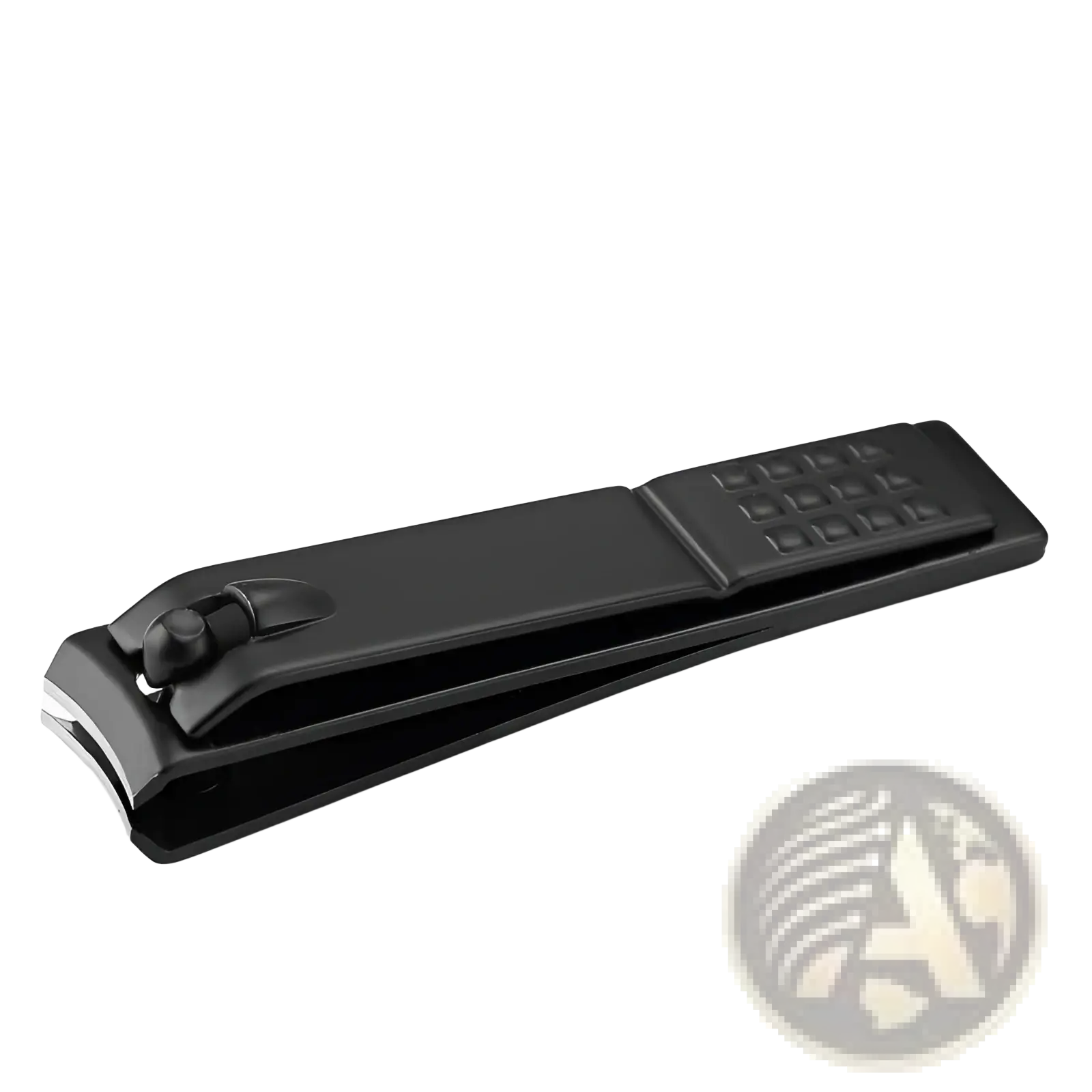Black stainless steel nail clippers with textured grip and metallic cutting edge for precise trimming