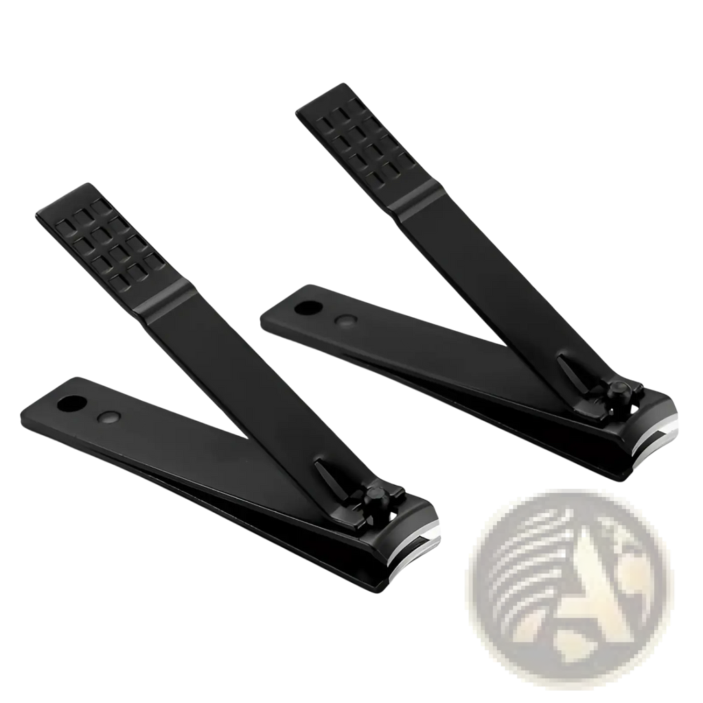 Black stainless steel nail clippers with textured grips and metallic cutting edges for precise trimming