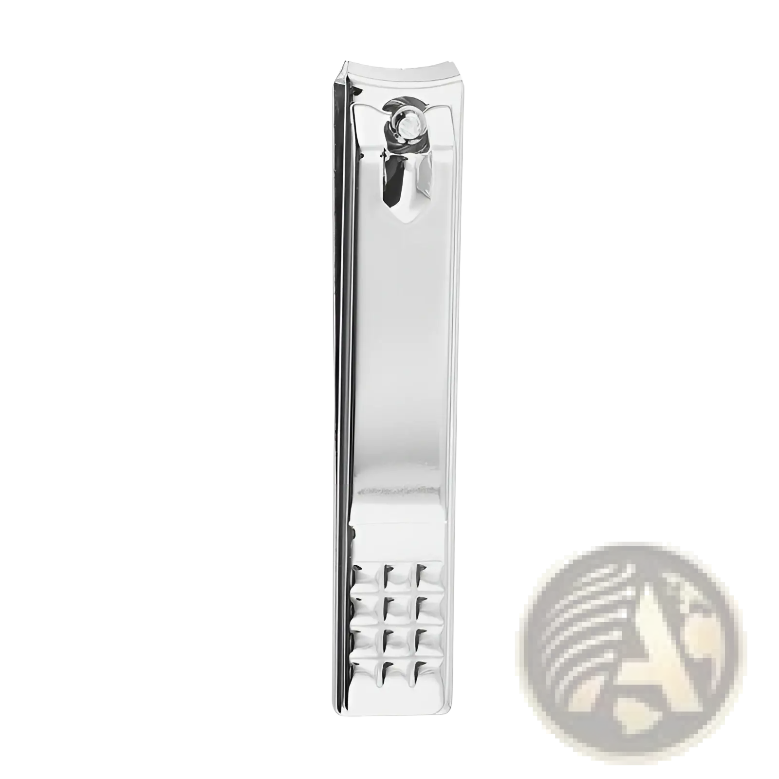 Silver-toned stainless steel nail clippers with a sleek rectangular design and textured grip on the handle