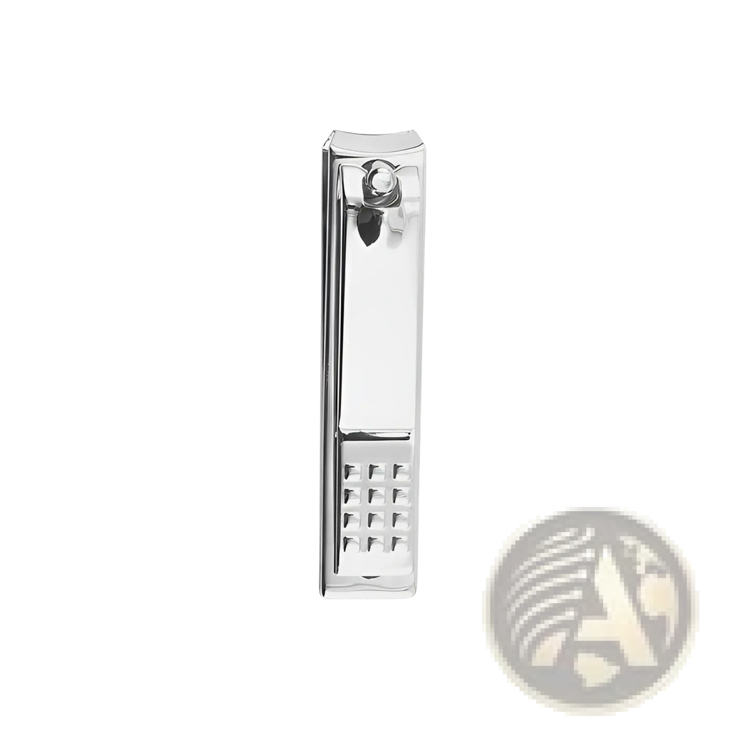 A sleek chrome finished stainless steel nail clipper with a polished metallic body and textured grip area
