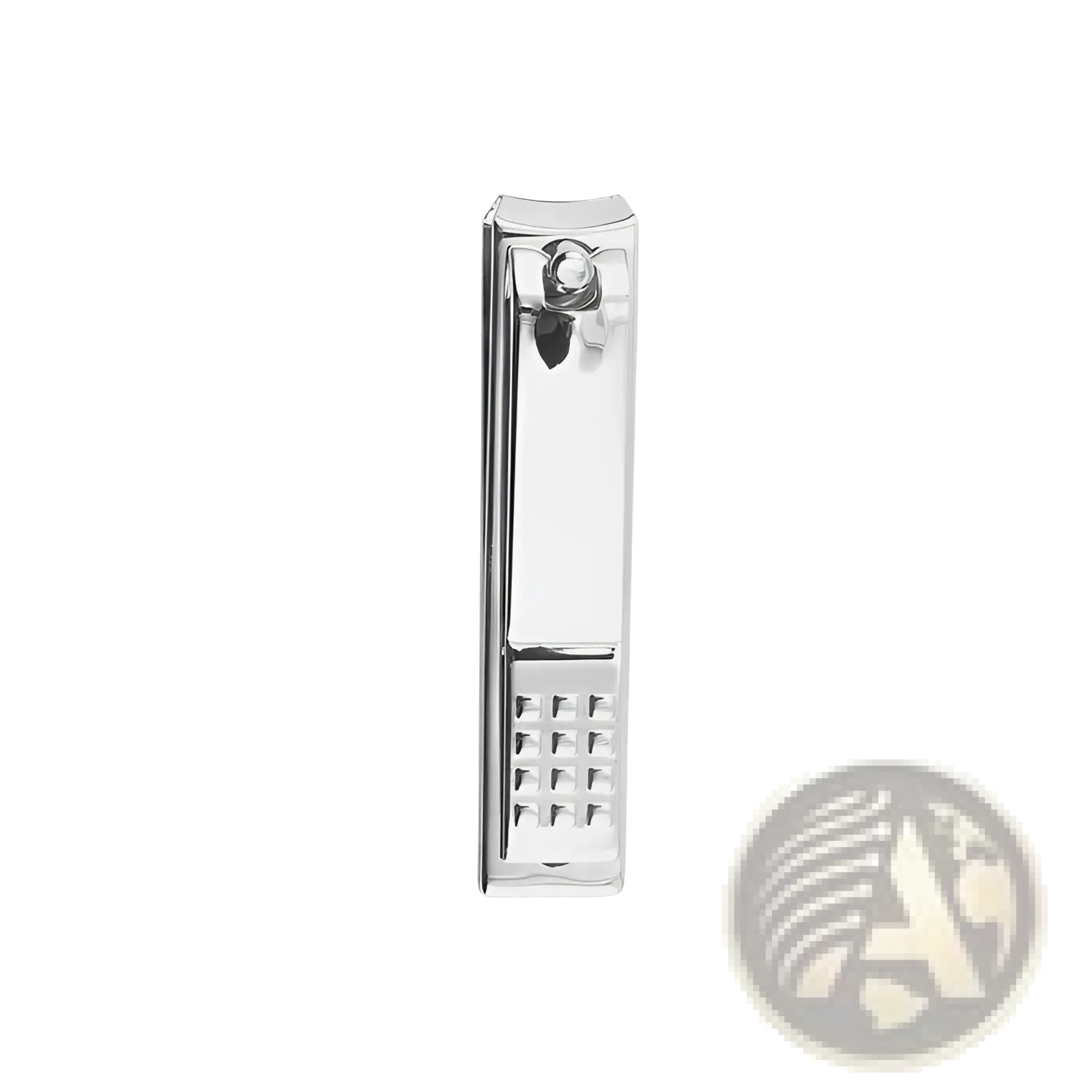 A sleek chrome finished stainless steel nail clipper with a polished metallic body and textured grip area