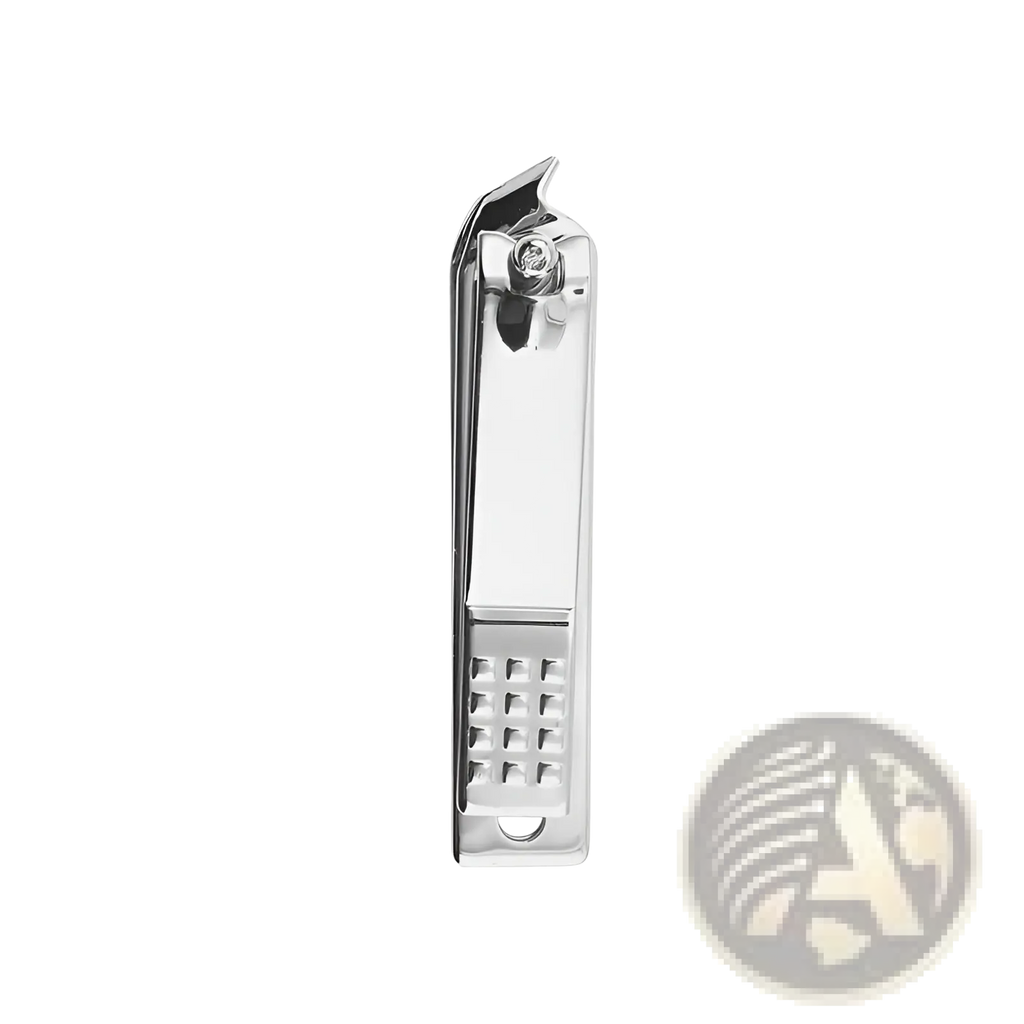 A stainless steel nail clipper with a chrome finish, textured grip, and decorative gemstone on the hinge