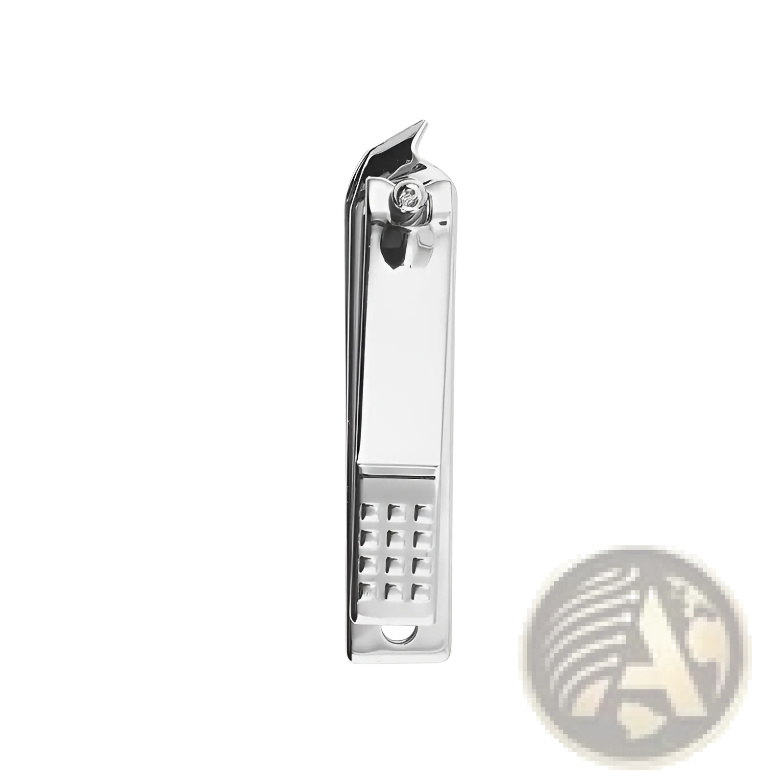 A stainless steel nail clipper with a chrome finish, textured grip, and decorative gemstone on the hinge