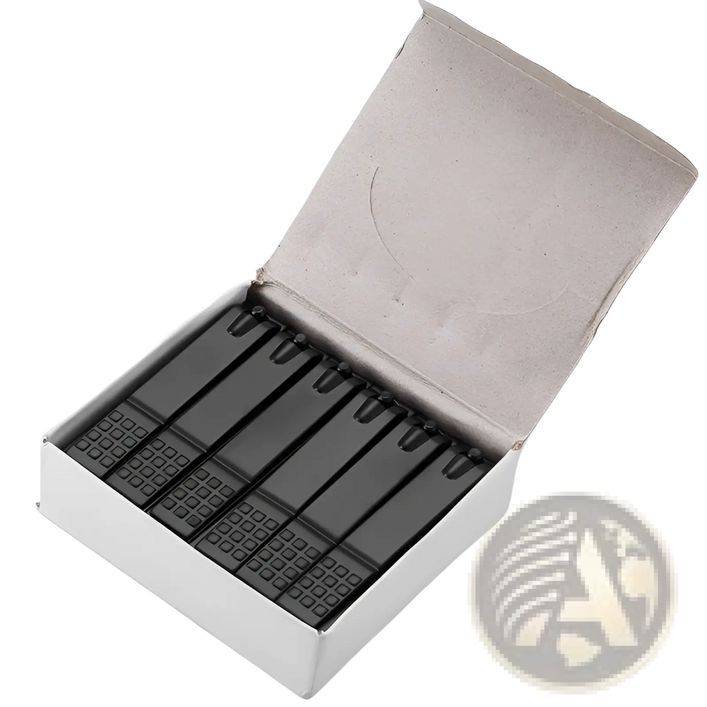 Black plastic clothespins neatly arranged in a white box alongside stainless steel nail clippers with textured grip