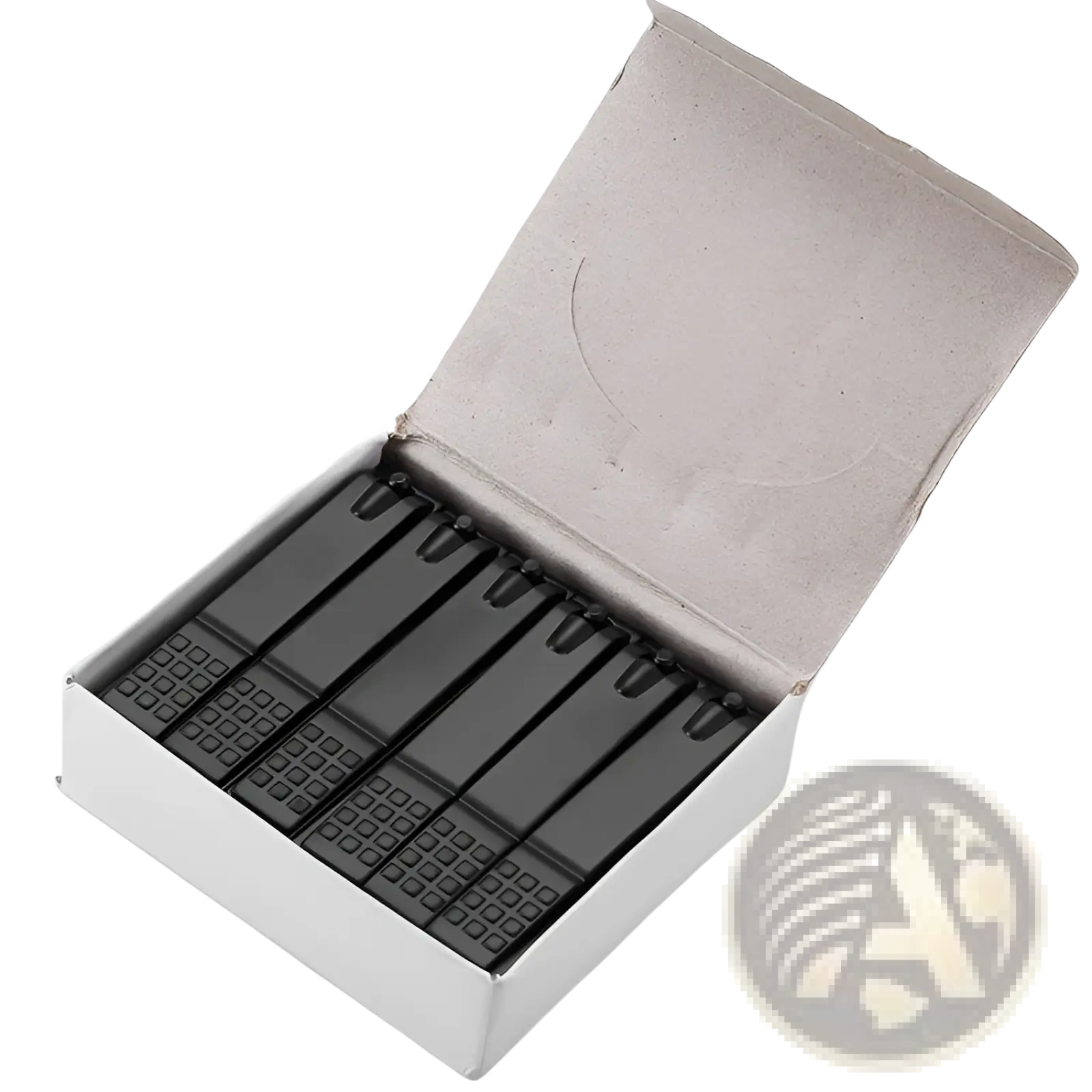 Black plastic clothespins neatly arranged in a white box alongside stainless steel nail clippers with textured grip