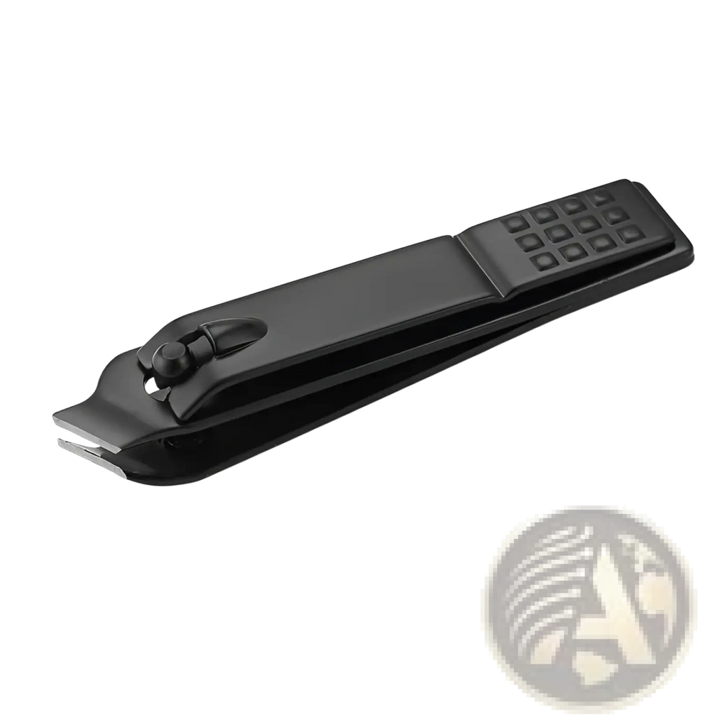 Black metal stainless steel nail clippers with textured grip on the handle for precise nail trimming