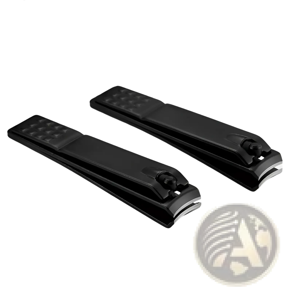 Black stainless steel nail clippers with textured grip handles and silver-toned cutting edges for precise trimming
