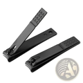 Black stainless steel nail clippers with textured grip handles designed for precise and comfortable trimming