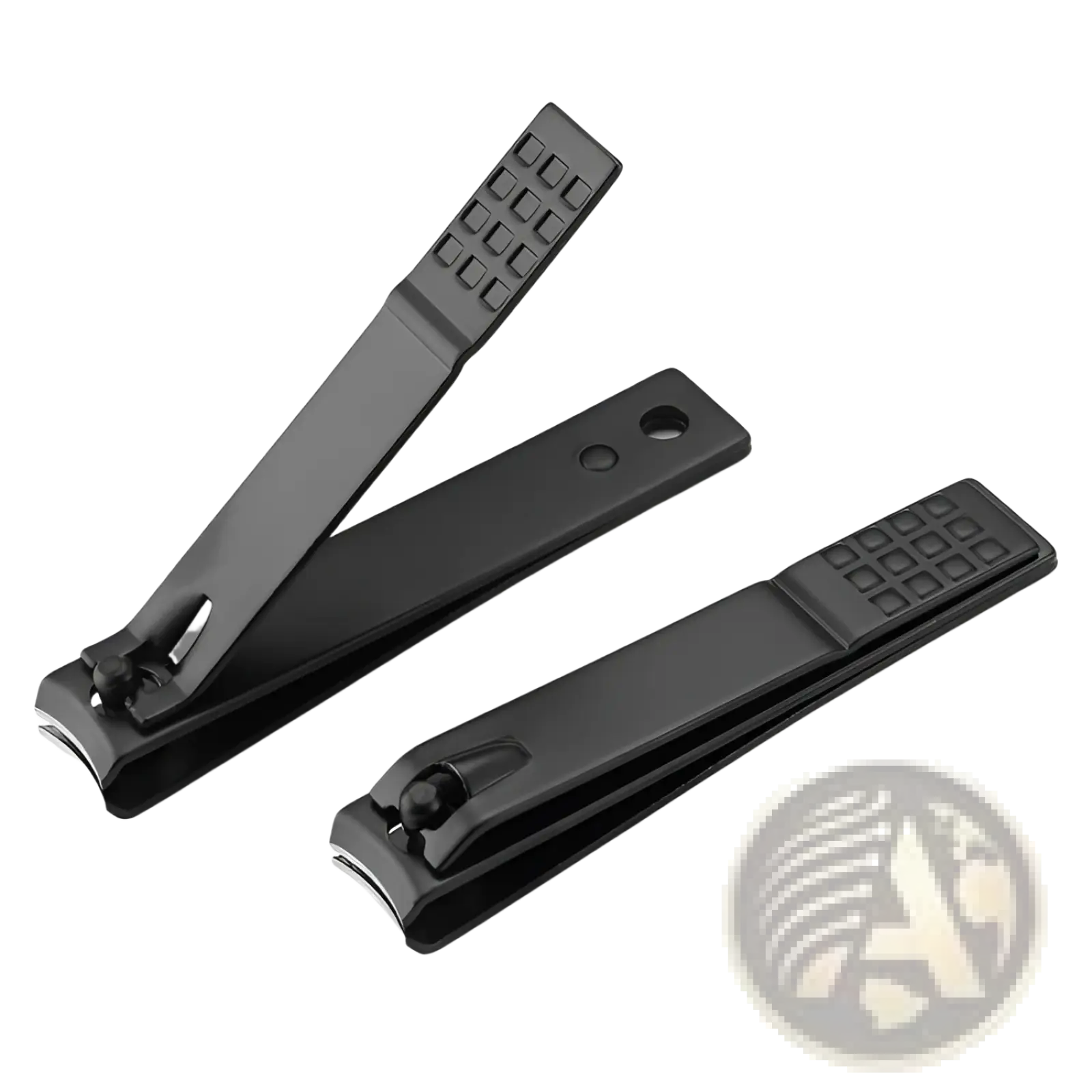 Black stainless steel nail clippers with textured grip handles designed for precise and comfortable trimming