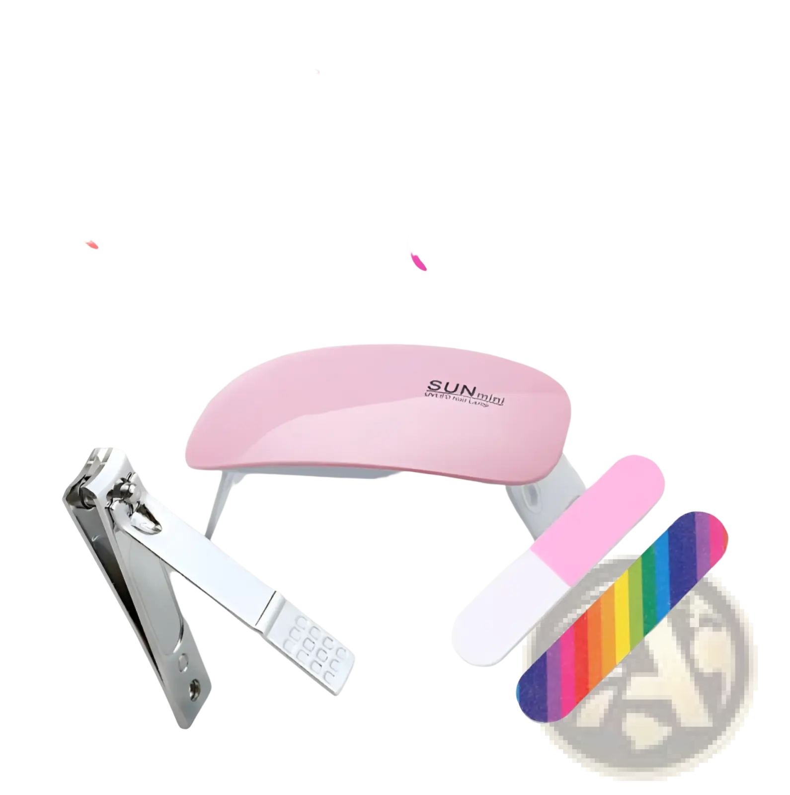 Pink sun mini nail dryer with silver stainless steel nail clippers featuring textured grip and two nail files solid pink and rainbow-striped