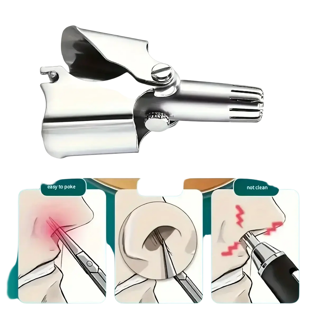 Stainless steel nose hair trimmer with shiny chrome finish, serrated cutting head, and clip-on waterproof design