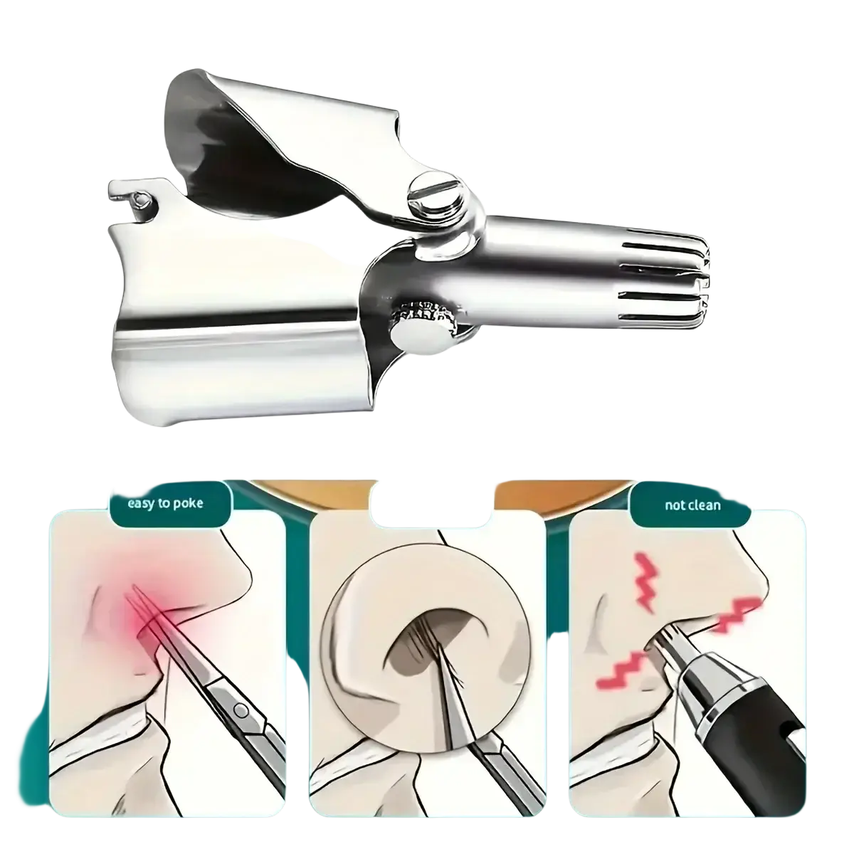 Stainless steel nose hair trimmer with shiny chrome finish, serrated cutting head, and clip-on waterproof design