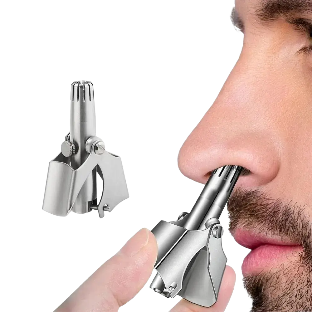Silver stainless steel nose hair trimmer with sleek ergonomic design and adjustable waterproof head