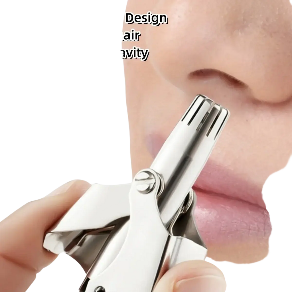 Silver stainless steel nose hair trimmer with double-blade head design for precise and waterproof grooming
