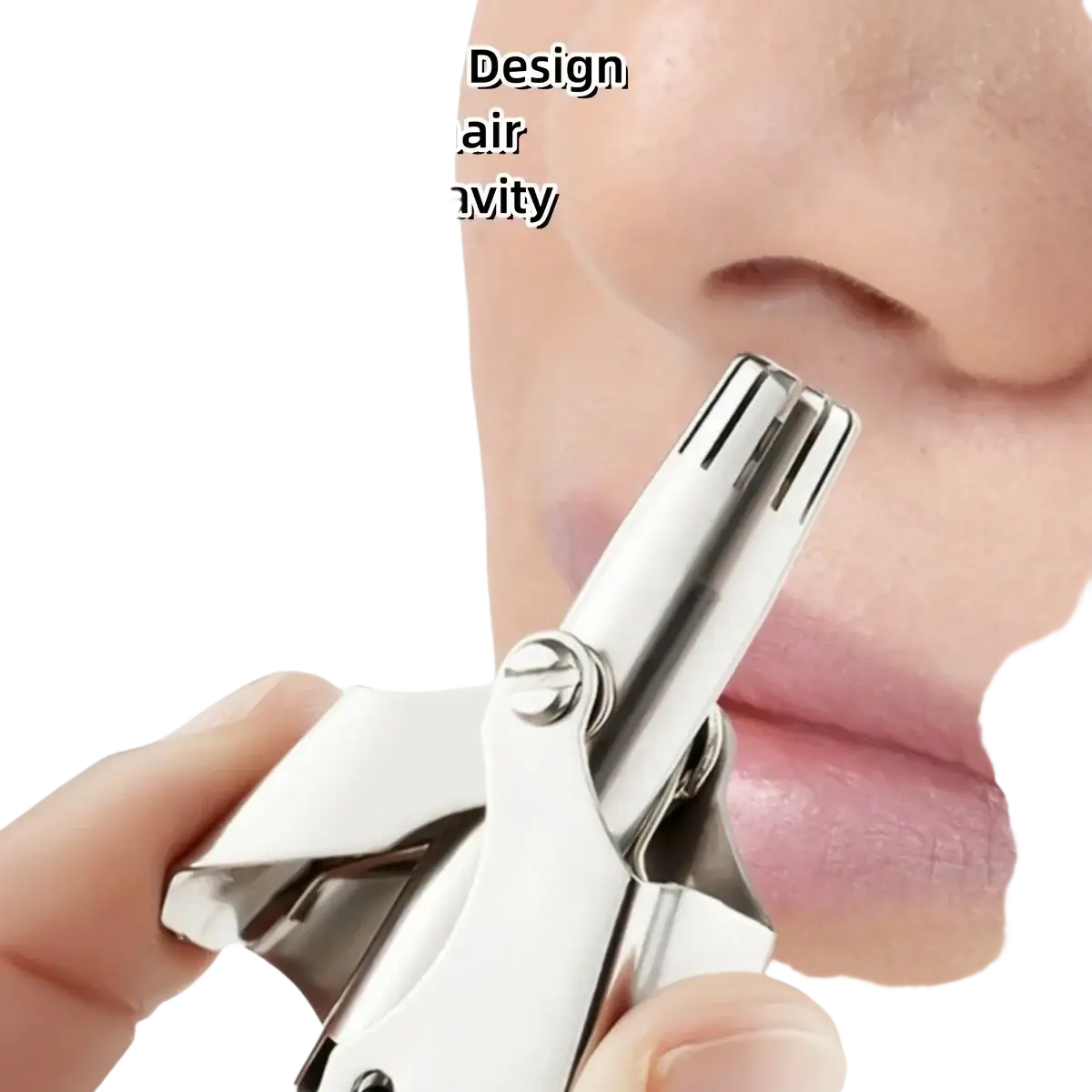 Silver stainless steel nose hair trimmer with double-blade head design for precise and waterproof grooming